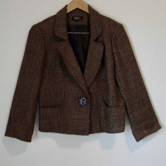 Tribal Wool Blend Brown Tweed Blazer Jacket One Button Pockets Office Size 10 - Picture 1 of 16